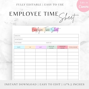 Peut inclure: Modèle de feuille de temps des employés imprimable avec un design coloré. Le modèle comprend des champs pour le nom de l'employé, le département, la date de début, la date de fin, la date, l'entrée, la sortie, les heures régulières, les heures supplémentaires et le total des heures.