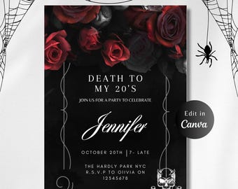 Op de afbeelding: Zwarte uitnodigingskaart met rode rozen en de tekst "Death to My 20's". De uitnodiging bevat de naam "Jennifer", evenementdetails en een schedel- en kruisbotengrafiek. De uitnodiging zegt ook "Edit in Canva".