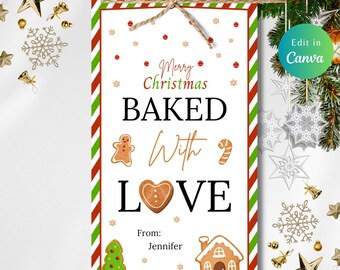 May include: A rectangular Christmas-themed gift tag with a white background and a red and green striped border. The tag features the text "Merry Christmas BAKED With LOVE" with gingerbread and candy cane illustrations. A small tree and gingerbread house are at the bottom.