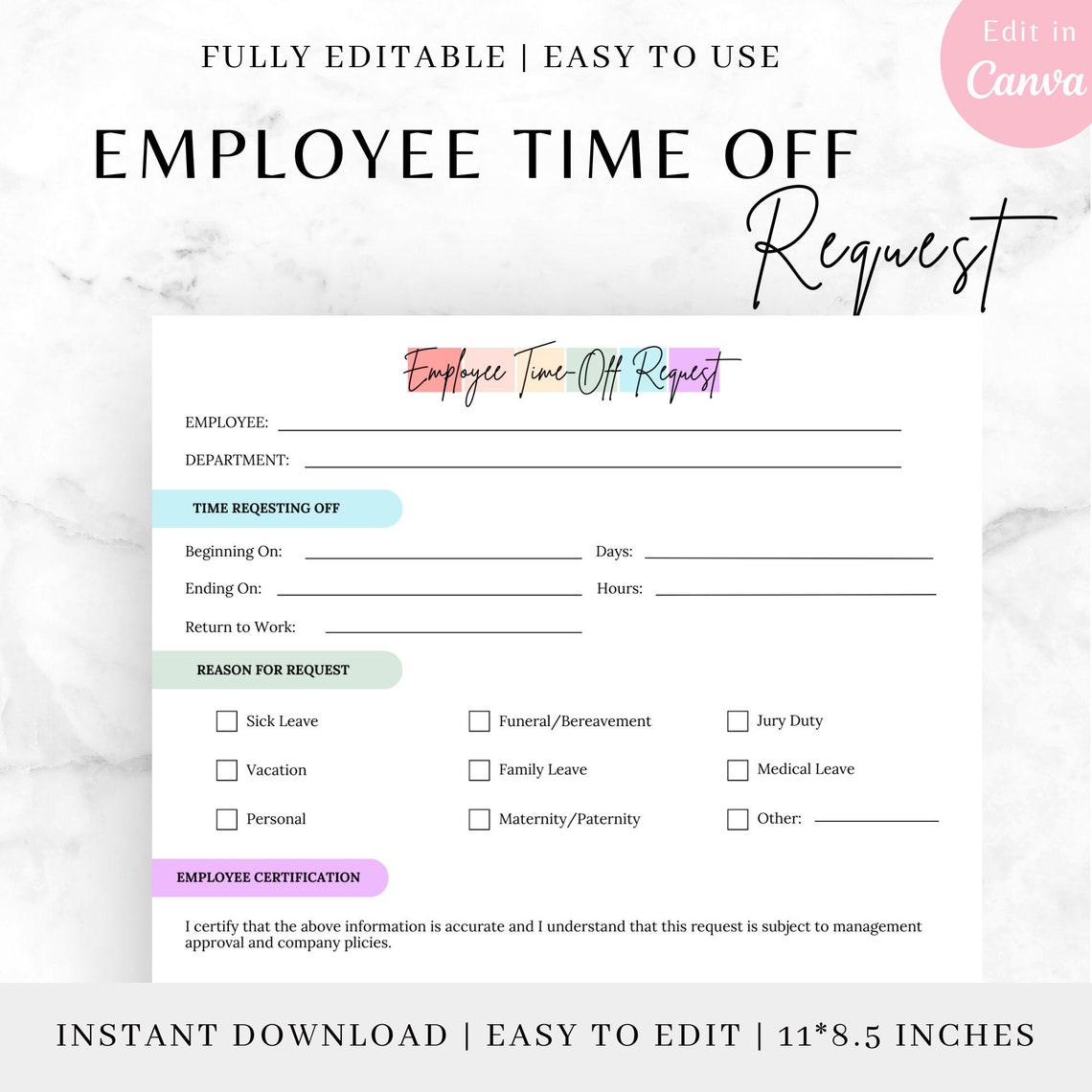 Editable EMPLOYEE TIME OFF, Time off Request, Pto Request Form ...