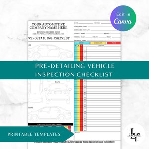 Puede incluir: Una plantilla de lista de verificación de inspección de vehículos previa al detallado con secciones para información del cliente, detalles del vehículo y una cuadrícula de inspección detallada. Incluye diagramas de automóviles y un sistema de calificación codificado por colores. La plantilla es imprimible.