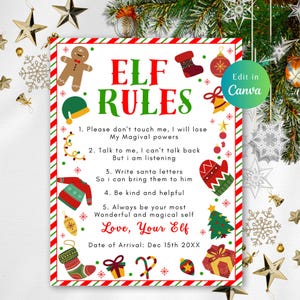 May include: A festive Christmas-themed sign with the text "ELF RULES" in green and red. The sign includes illustrations of holiday icons like a gingerbread man, stocking, and Christmas tree. The rules are written in black text.