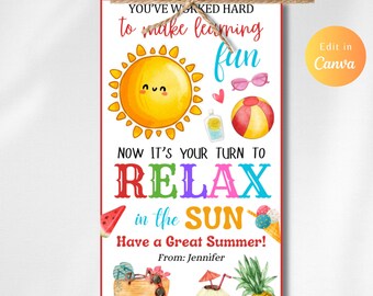 Editable Teacher Appreciation Gift Tag Your Turn To Relax In The Sun Teacher Tag End of School Year Teachers Appreciation Week