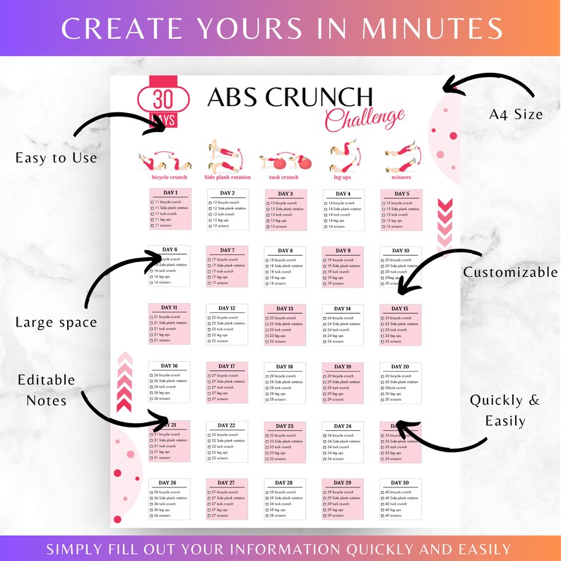 Editable 30 DAY Abs Crunch Workout Challenge, 30 DAY Challenge ...