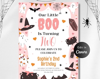 EDITABLE OUR LITTLE Boo Birthday Party Invitation Halloween 2nd Birthday Invitation, Pink Ghost Party, Little Boo Invite, Halloween Birthday