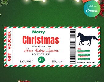 May include: A red and green striped Christmas gift voucher with a white background. The voucher says "Merry Christmas" and "You're getting Horse Riding Lessons!" with a horse silhouette in the top right corner. The voucher is for Saturday, January 26, 2025.