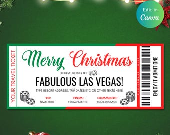May include: A Christmas-themed travel ticket with a green and red border. The ticket reads "Merry Christmas" and "Fabulous Las Vegas!" with space for recipient and sender details. Includes a barcode and the text "Enjoy it Admit One."