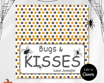 Editable BUGS & KISSES Gift Tags Bag Toppers, Bugs And Kisses, Halloween, Treat bag topper, halloween party, halloween bag topper