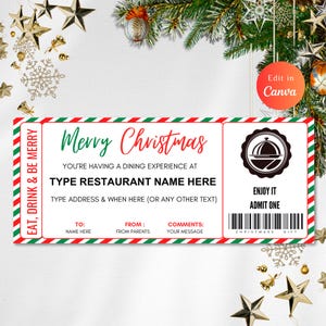 Bewerkbare cadeaubon kerst uit eten restaurant, vouchersjabloon, cadeau voor een avondje uit, avondje uit, instant download