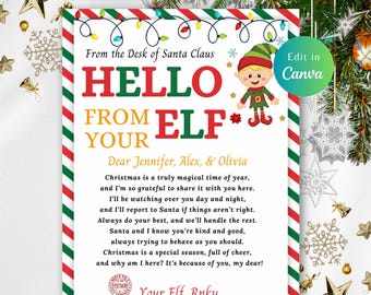 May include: A Christmas-themed letter from an elf, featuring a festive design with red, green, and white colors. The text reads "Hello from your Elf" and includes a personalized message for Jennifer, Alex, and Olivia. The letter is decorated with Christmas lights and an elf illustration.
