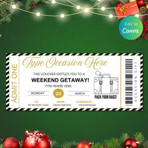 Editable Weekend Away Voucher Template, Gift CERTIFICATE TICKET CARD, Gift Voucher, Weekend Away Gift, Instant Download, Romantic Getaway