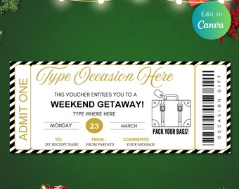 Editable Weekend Away Voucher Template, Gift CERTIFICATE TICKET CARD, Gift Voucher, Weekend Away Gift, Instant Download, Romantic Getaway