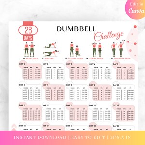 May include: A printable 28-day dumbbell challenge workout plan with illustrations of five different exercises: bicep curls, bird dog, lateral lunges, front raises, and shoulder press. The workout plan includes a table with days 1-20, exercise numbers, reps, and sets.