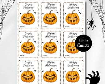 Etiquetas de regalo de Halloween editables para regalos de niños, impresión en papel kraft, etiquetas de regalo de Halloween, regalos espeluznantes para amigos, fiesta infantil, descarga instantánea