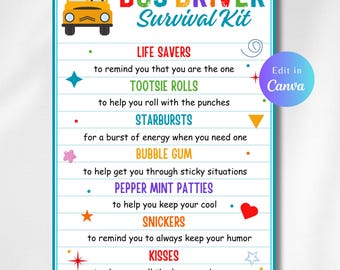 Bewerkbare buschauffeur Survival Kit cadeaulabel, schoolbuschauffeur bedankt, buschauffeur waardering cadeau, buschauffeur cadeau, Thanksgiving cadeau