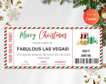 May include: A Christmas-themed travel ticket with a red, green, and white color scheme. The ticket reads "Merry Christmas, Fabulous Las Vegas!" and includes space for resort details and a message. Casino chips are shown on the right.