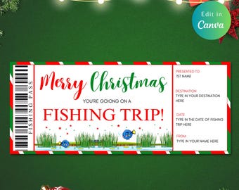 May include: A red and green Christmas-themed printable gift certificate for a fishing trip. The certificate has a barcode, the text "Merry Christmas", and a cartoon fish.