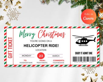 May include: A red, green, and white Christmas gift ticket with a black and white helicopter illustration. The ticket says "Merry Christmas, You're going on a Helicopter Ride!" with a space for the passenger's name, date, and a message.