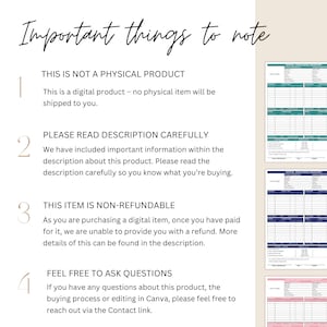May include: A white background with black text outlining important things to note when purchasing a digital product. The text includes: "This is not a physical product", "Please read description carefully", "This item is non-refundable", and "Feel free to ask questions".