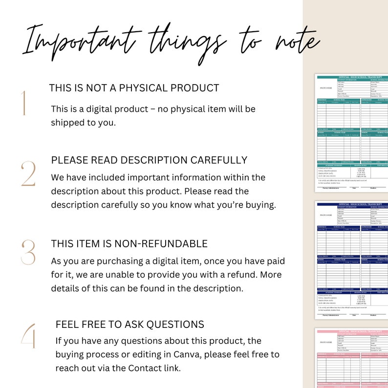 May include: A white background with black text outlining important things to note when purchasing a digital product. The text includes: "This is not a physical product", "Please read description carefully", "This item is non-refundable", and "Feel free to ask questions".