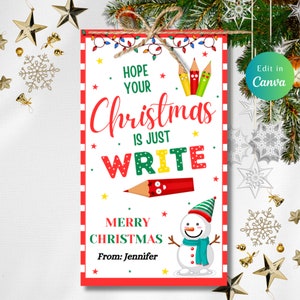 Christmas Pencil Gift Tag Just Write Holiday Pencil Tags Student Classroom Preschool Kids Gift Tag Winter Editable Printable Download