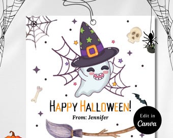 May include: A white printable gift tag with a cartoon ghost wearing a witch hat and holding a broom. The tag has the text "Happy Halloween!" and "From: Jennifer". The tag also has a spider, a skull, and a web design.