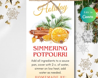 Peut inclure: Une étiquette imprimable blanche avec le texte "Holiday Simmering Potpourri" en lettres rouges et dorées. L'étiquette présente une illustration aquarelle de bâtonnets de cannelle, de tranches d'orange et d'aiguilles de pin. Le texte sous l'illustration se lit comme suit : "Ajouter tous les ingrédients dans une casserole, couvrir avec 2 c. d'eau, laisser mijoter à feu doux, ajouter de l'eau si nécessaire. Fait maison par : Jennifer."