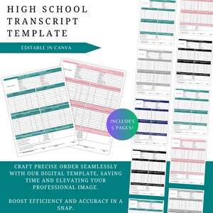 May include: A digital template for a high school transcript. The template is editable in Canva and includes five pages. The text "Craft precise order seamlessly with our digital template, saving time and elevating your professional image. Boost efficiency and accuracy in a snap." is displayed below the template.