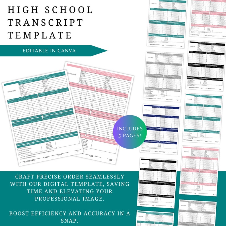 May include: A digital template for a high school transcript. The template is editable in Canva and includes five pages. The text "Craft precise order seamlessly with our digital template, saving time and elevating your professional image. Boost efficiency and accuracy in a snap." is displayed below the template.
