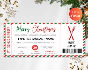 May include: A red and green striped Christmas gift certificate with the text "Merry Christmas" and "Eat, Drink & Be Merry". The certificate is for a dining experience at a restaurant. The text "Type Restaurant Name" and "Type Location Here (or any other text)" is included. The certificate is dated "Jan, 2025" and has a space for the recipient's name.