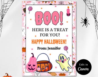 May include: A pink and white Halloween treat bag printable with the text "BOO! HERE IS A TREAT FOR YOU! HAPPY HALLOWEEN! From: Jennifer". The bag is decorated with ghosts, candy, and other Halloween-themed images.