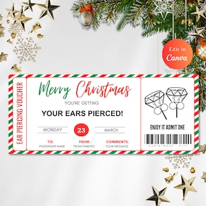 Sjabloon bewerkbare kerstoorpiercing cadeaubon, oorpiercing, verrassingspiercing, waardebon, piercingcadeau, Instant Download