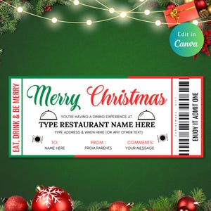 Editable Christmas Dining Out Restaurant Gift Certificate, Voucher Template, Gift of a Night Out, Instant download, Night Out Dinner