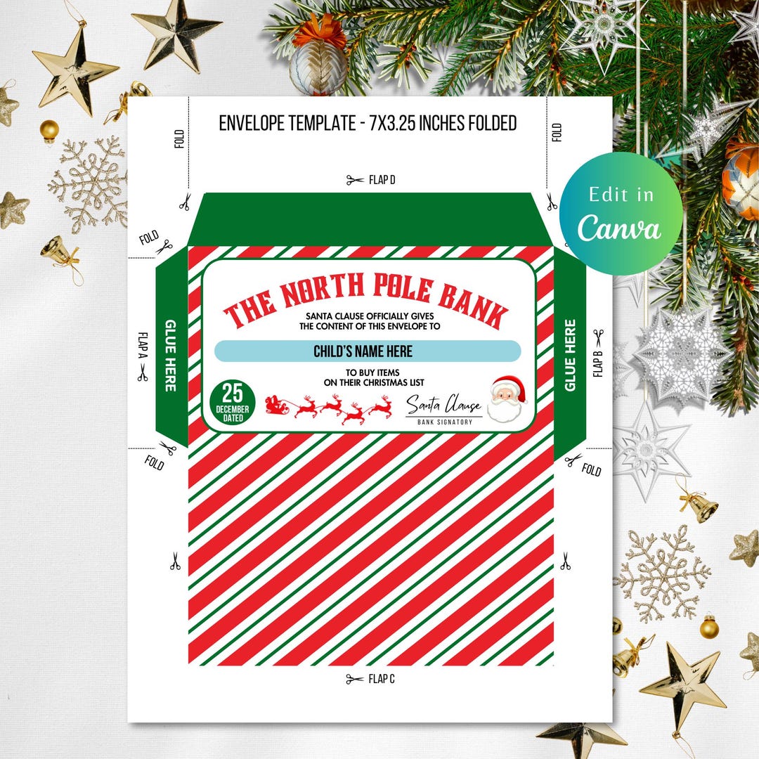 Editable Santa Money Envelope Template, CHRISTMAS ENVELOPE, Custom