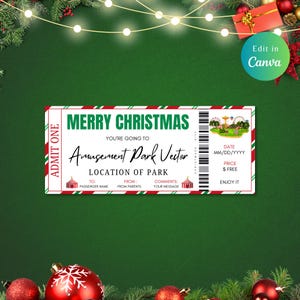 Editable Christmas Theme Park Ticket Template, surprise theme Park,Printable Amusement, Instant download, Amusement Park