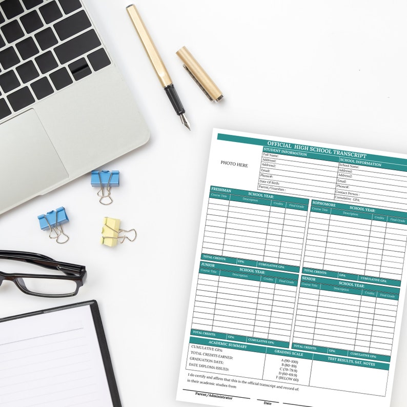 May include: A printable high school transcript form with sections for student and school information, as well as academic summary and grading scale. The form includes space for a photo, student name, address, date of birth, and school name. The form also includes sections for each year of high school, with columns for course title, description, credits, and final grade.