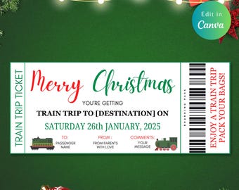 Op de afbeelding: Een printbaar kersttreinkaartje met een groen en rood kleurenschema. Het kaartje zegt "Merry Christmas" en "Je krijgt een treinreis naar [Destination] op zaterdag 26 januari 2025".