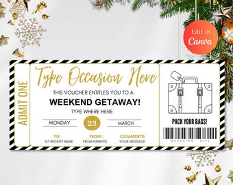 Editable Weekend Away Voucher Template, Gift CERTIFICATE TICKET CARD, Gift Voucher, Weekend Away Gift, Romantic Getaway, Pack Your Bags