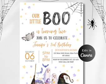 EDITABLE GHOST BIRTHDAY Invitation, Boo Turning Two Ghost Second Birthday Invite, Pink Girl Pumpkin Halloween Party, Digital Download