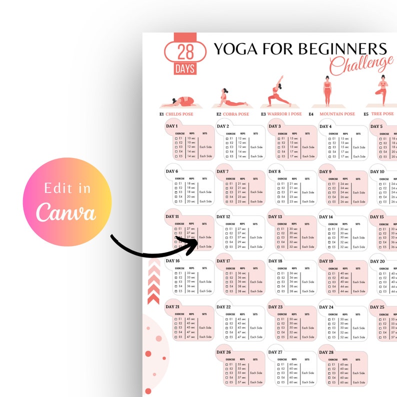 Editable 28 DAYS BEGINNERS YOGA Challenge, Yoga Class, Yoga Poses, Yoga ...
