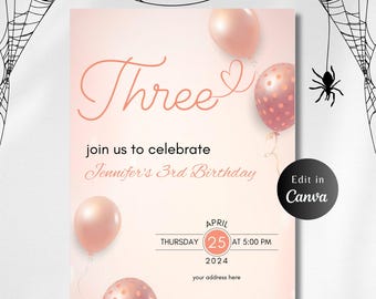 Girl Second BIRTHDAY INVITATION EDITABLE, Two Birthday Invite, Pink Balloons 2nd Birthday Party Digital Download, pink balloons