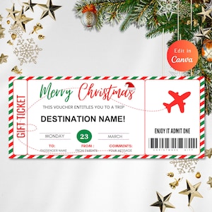 Modèle de billet d'avion modifiable pour Noël, carte d'embarquement, voyage surprise, billet carte d'embarquement, embarquement imprimable, bon cadeau