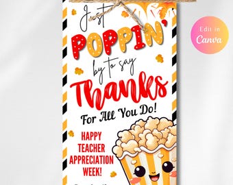 Bewerkbaar: bedankt voor alles wat je doet Cadeaukaartje, popcorncadeaukaartje, Teacher Appreciation Week, personaliseren met canva
