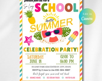 Bearbeitbare Ende der Schulpartyeinladung, Sommerpartyeinladung, Schulen für den Sommer, Poolparty am Ende des Jahres, Hallo Sommerparty