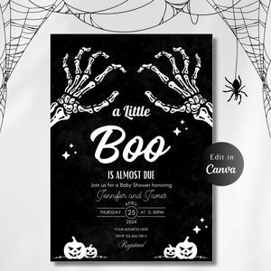 Editable Halloween Baby SHOWER INVITATION, Set Gothic Baby Shower Invite, Skull Baby Shower A Little Boo Is Almost Due Skellington Love Hand