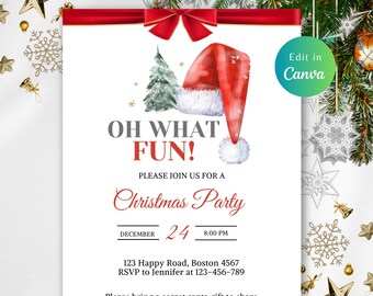 May include: A Christmas party invitation with a red Santa hat, Christmas tree, and the text "Oh What Fun!" The invitation includes the date, time, and location for the party. The design features a red ribbon and bow at the top.