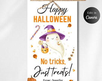 Bewerkbaar GEEN TRUCS behandelt Halloween-cadeaukaartje, Halloween-cadeaukaartjes, geen trucjes, gewoon traktatie, Trick or treat-tags, Halloween-traktaties