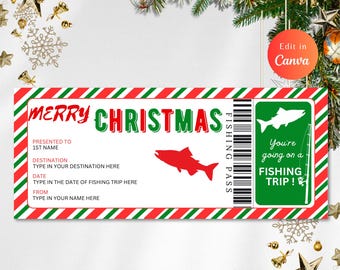 May include: A red and green striped Christmas gift certificate with the text "Merry Christmas Fishing Pass" and a picture of a fish. The certificate is for a fishing trip and includes spaces to fill in the recipient's name, destination, date, and the giver's name.
