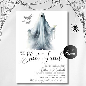Może przedstawiać: Ilustracja białego ducha trzymającego kieliszek martini. Tekst "Let's Get Sheet Faced" jest napisany czarnym kursywą. Tekst "Join us for Halloween Costumes & Cocktails" jest napisany czarnym kolorem. Tekst "Saturday October 25th from 6pm" jest napisany czarnym kolorem. Tekst "Your address here" jest napisany czarnym kolorem. Tekst "RSVP to someone 123-456-7890" jest napisany czarnym kolorem. Tekst "Don't be caught dead without a costume" jest napisany czarnym kolorem. Tekst "Edit in Canva" jest napisany czarnym kolorem.