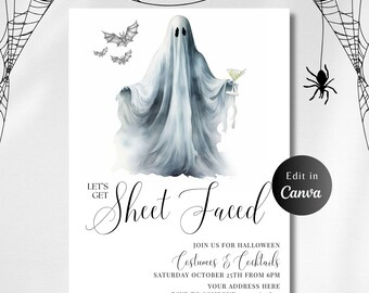 Let's Get Sheet Halloween-Einladungsvorlage, druckbare Kostüme & Cocktails einladen, bearbeitbare Geisterweineinladung, sofortiger Download